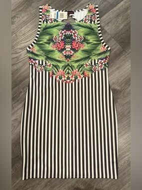 Material Girl Black & White Striped Midi Dress with Green Palm Floral Print NWT